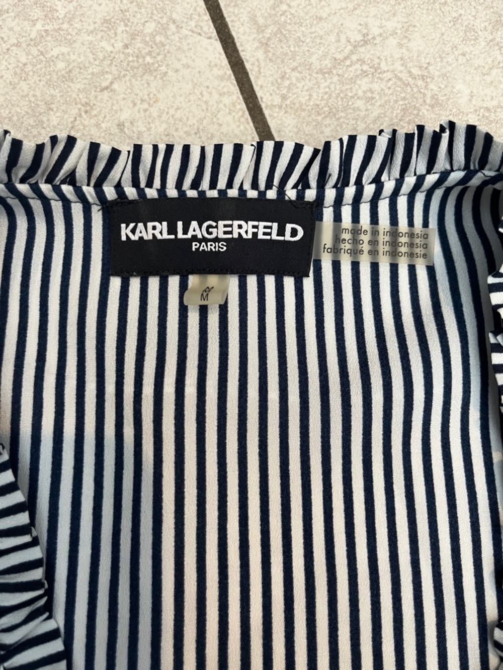 Karl Lagerfeld Black & White Vertical Stripe Ruffle Shell Blouse - Picture 4 of 7